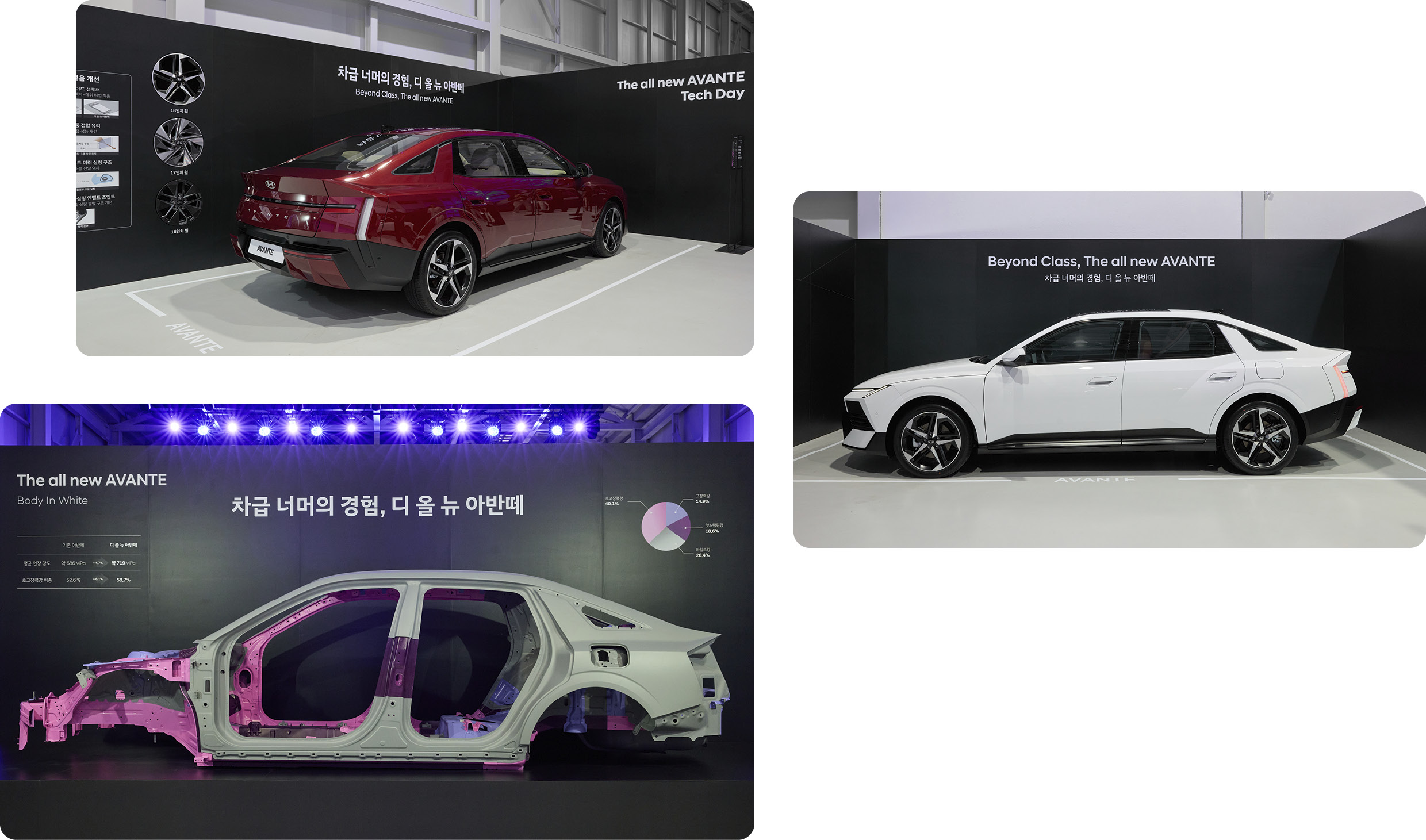 디 올 뉴 아반때 테크 데이 행사장에 전시된 아반떼와 BIW의 모습