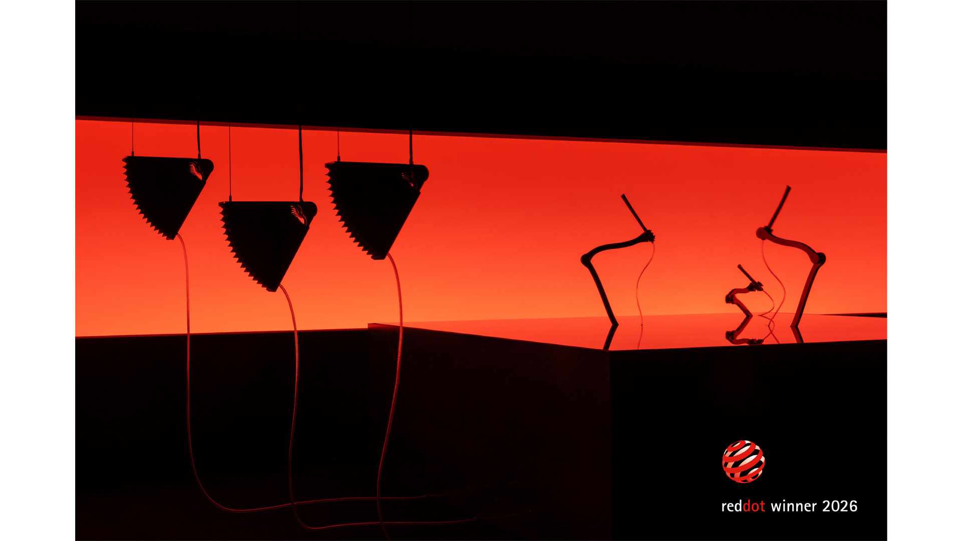 Eclipse of Perception installation with geometric objects and red lighting