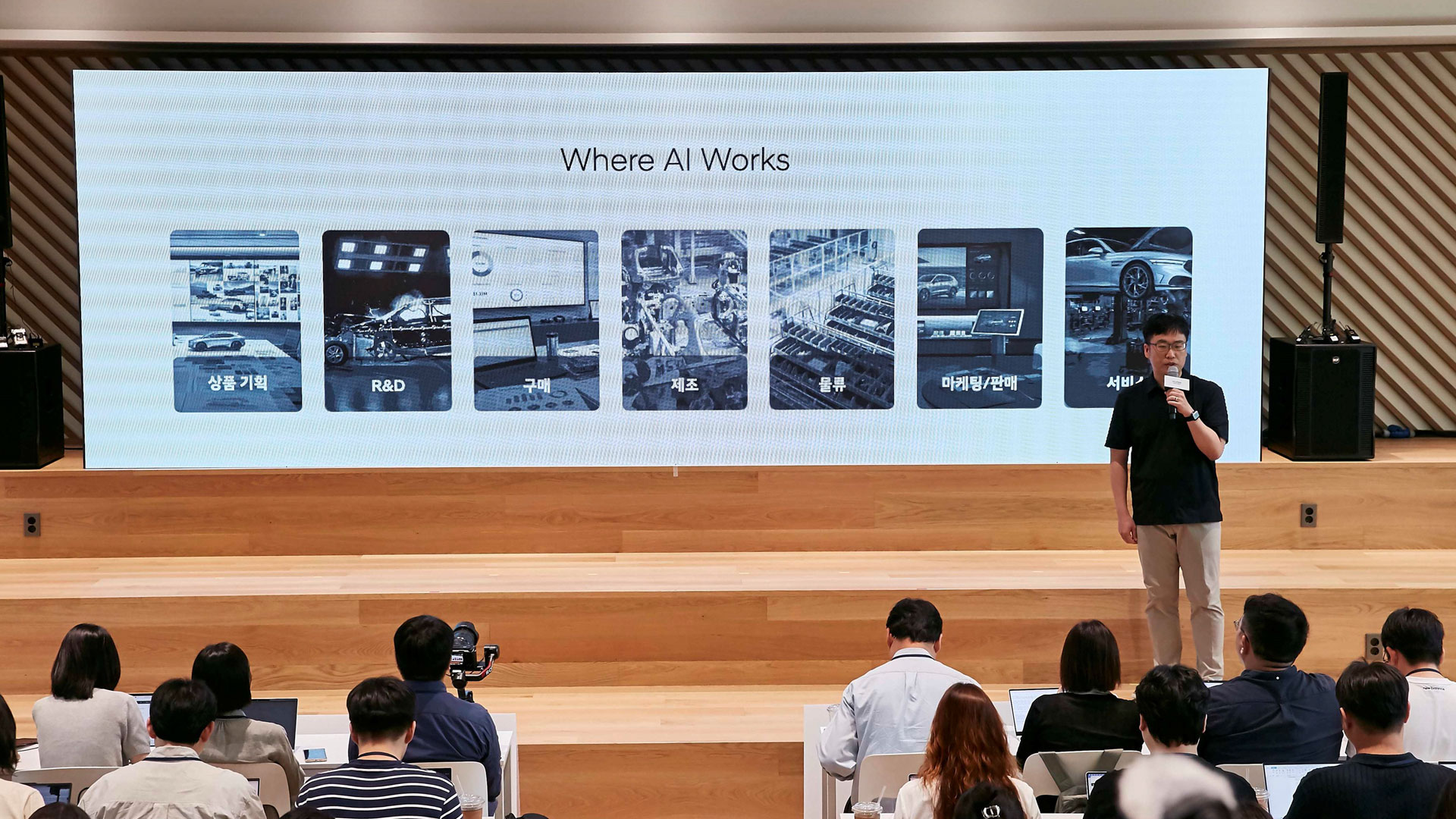 Hwachang Sung, Team Leader of the AX PMO Team, delivers a presentation at the Hyundai Motor Group AX Achievement Showcase on August 12.