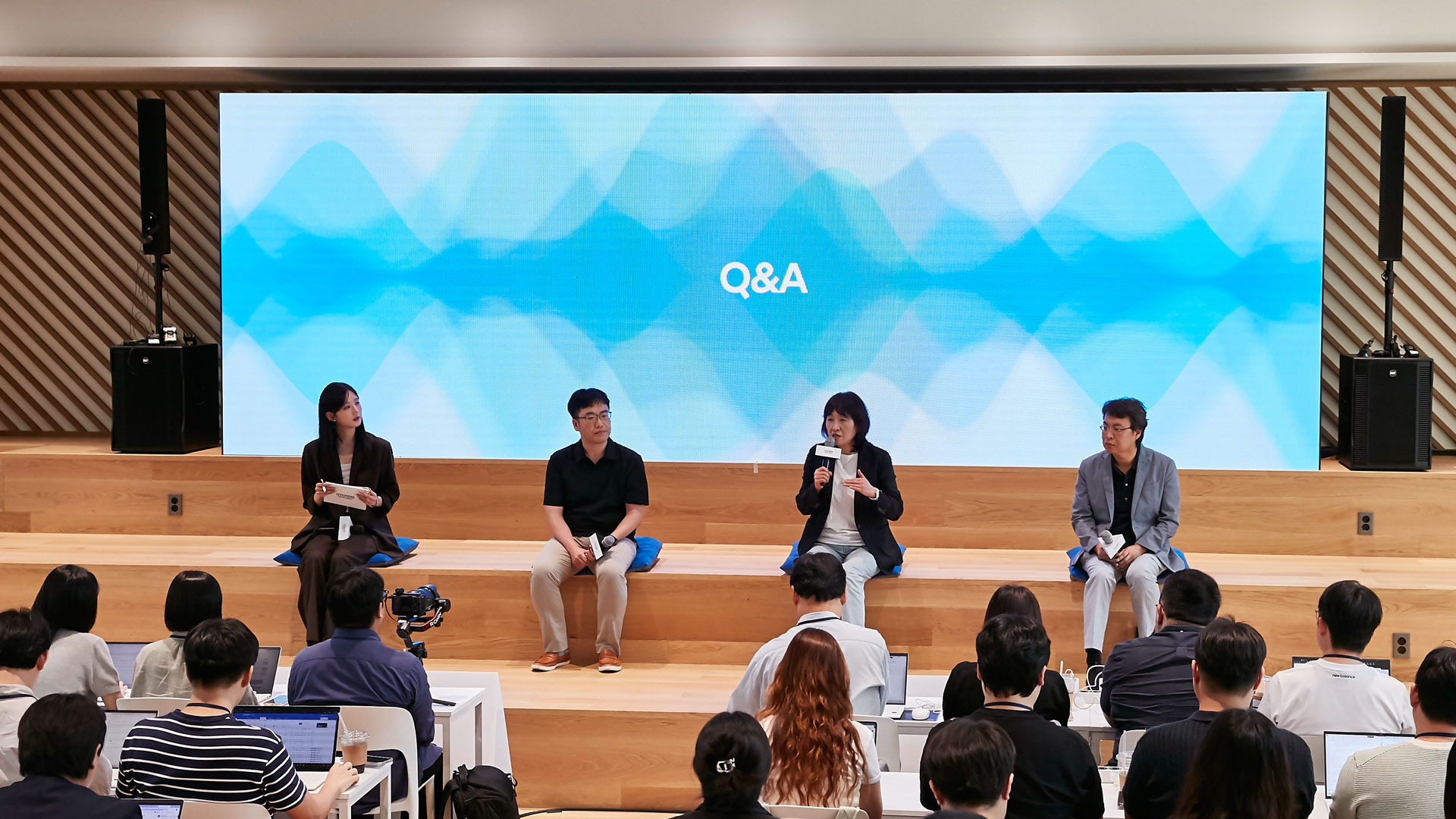 (From second to the left) Hwachang Sung, Team Leader of the Hyundai Motor and Kia AX PMO Division; Eunsook Jin, President and Head of ICT Management Division at Hyundai Motor Group; and Gunhan Park, Vice President and Head of the Machine Learning Lab, participate in a Q&A session.