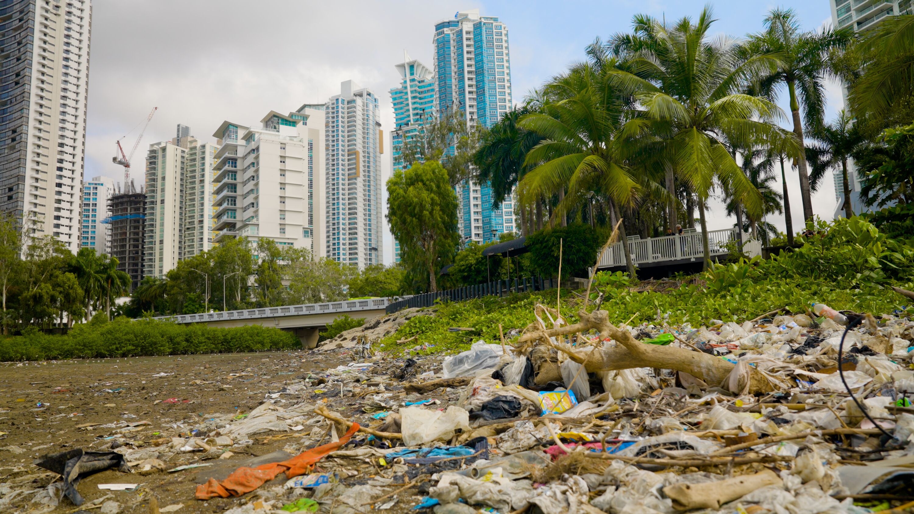 Muddy riverbank piled with plastic waste contrasted against a skyline of high-rise buildings and palm trees in the background