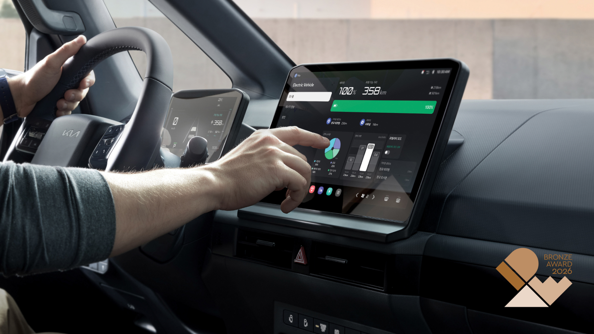 Kia PV5 infotainment display showing 100% battery, 358 km range, and driver interaction with energy data on 16:9 widescreen, 2026 Bronze Award
