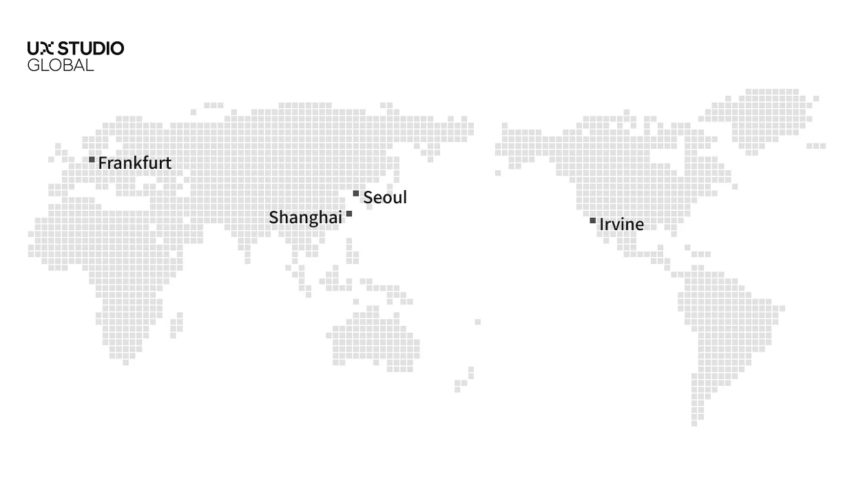 Shanghai, Irvine, Frankfurt, Seoul에 있는 UX 스튜디오를 표시한 지도